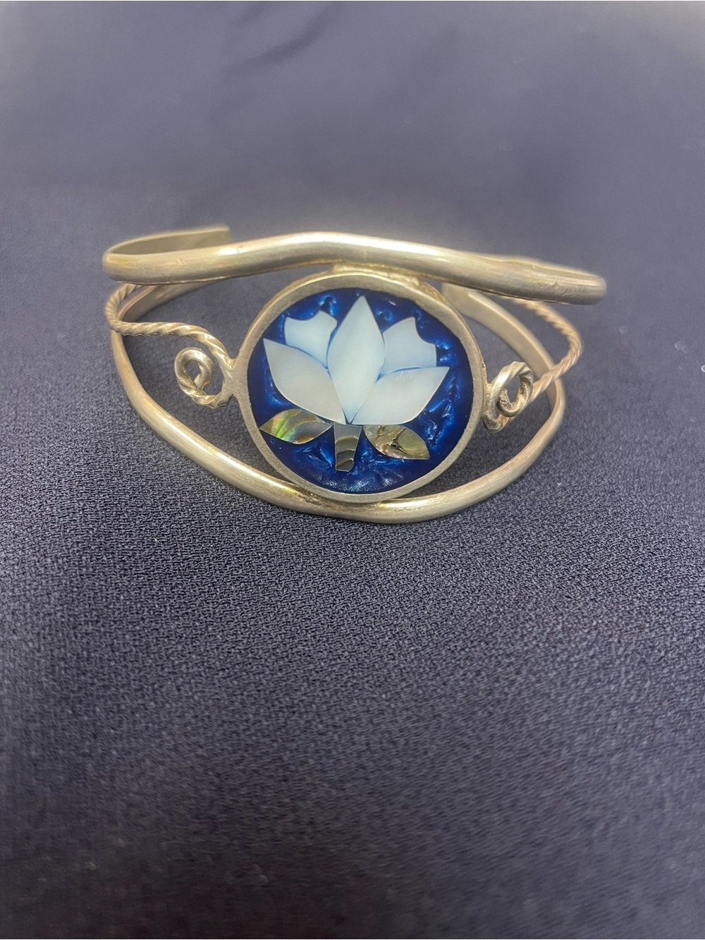 Vintage Mexican Alpaca Silver Cuff Bracelet Blue Enamel Mother of Pearl